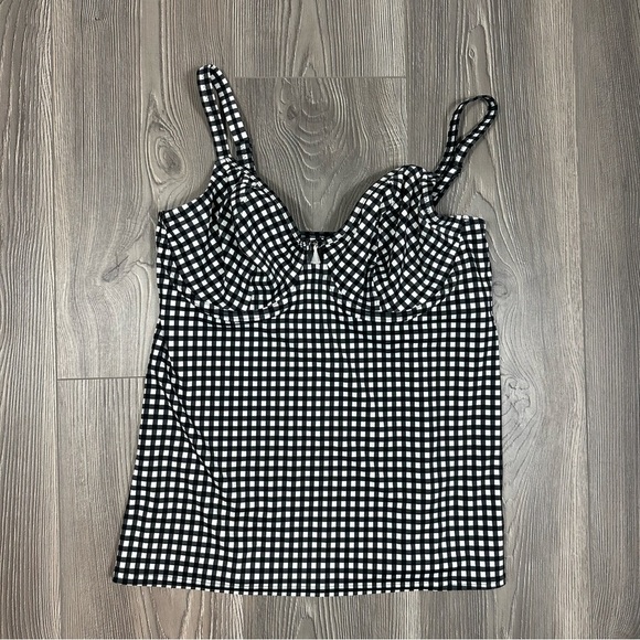 Freya Monochrome Gingham Plunge Underwire Tankini Swim Top Tassel Detail 32G - Picture 1 of 7